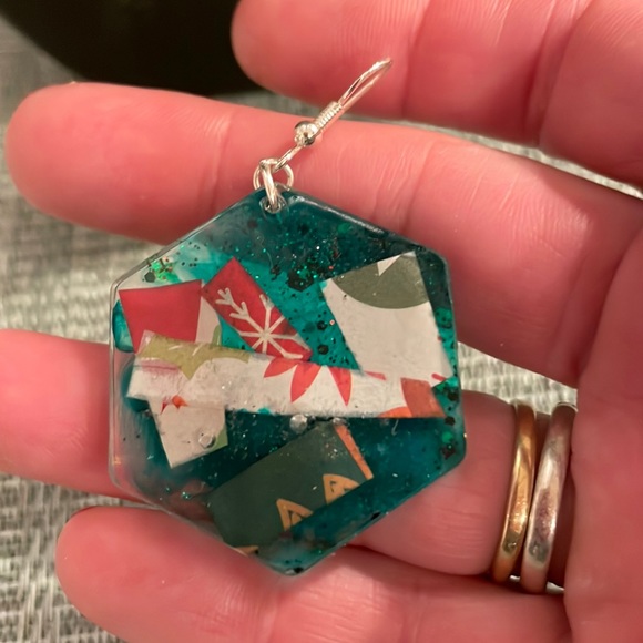 XMAS Handmade Festive Medium Holiday Earrings Green Rectangle - Picture 8 of 10